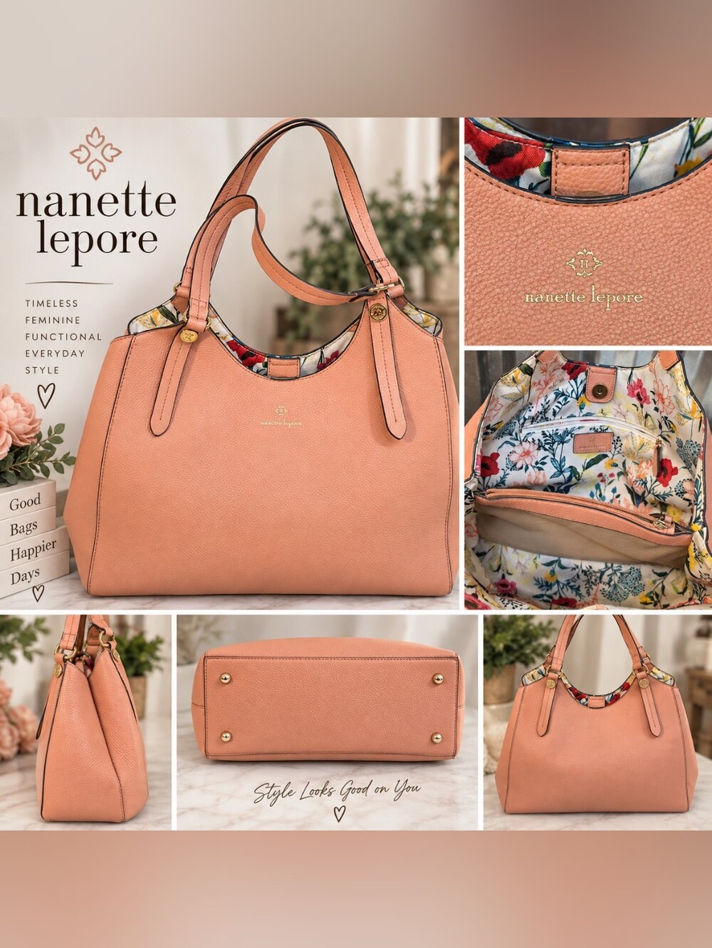 Nanette Lepore Peach Pink Pebbled Leather Shoulder Bag